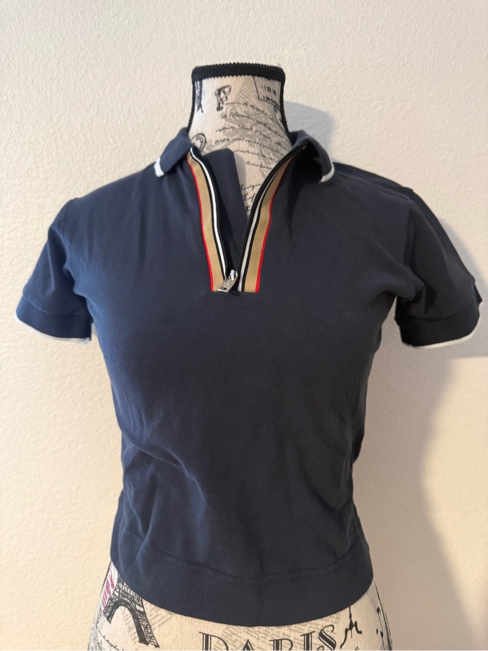 Burberry Navy Short-Sleeve Polo with Signature Stripe Zip